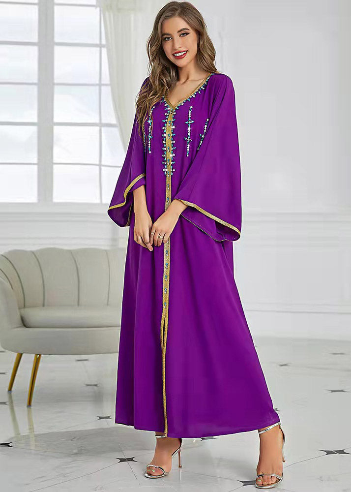 Boutique Purple V Neck Patchwork Zircon Tie Waist Button Maxi Dresses Fall