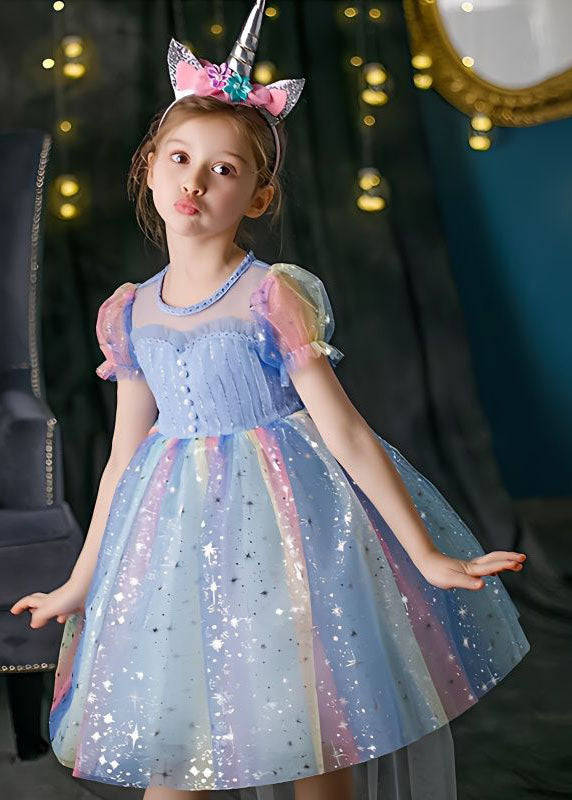 Boutique Rainbow Puff Sleeve Sequins Patchwork Tulle Baby Girls Dress Summer