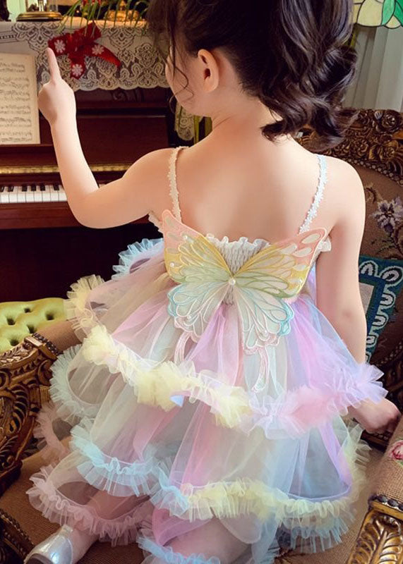 Boutique Rainbow Ruffled Butterfly Patchwork Tulle Kids Girls Dresses Sleeveless
