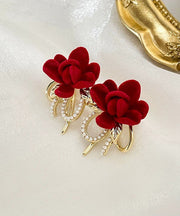 Boutique Red Copper Pearl Butterfly Flocking Floral Stud Earrings