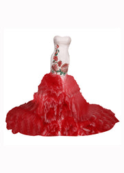 Boutique Red Embroidered Ruffled Tulle Bustier Dresses Sleeveless
