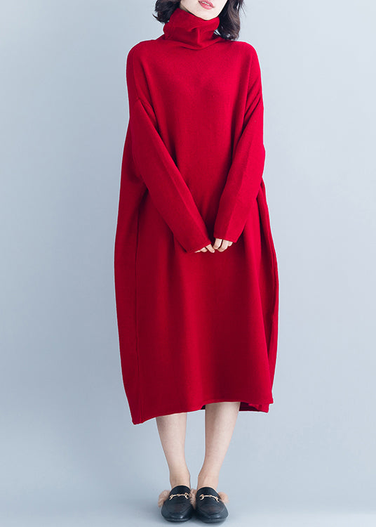 Boutique Red Hign Neck Patchwork Long Knit Dress Winter