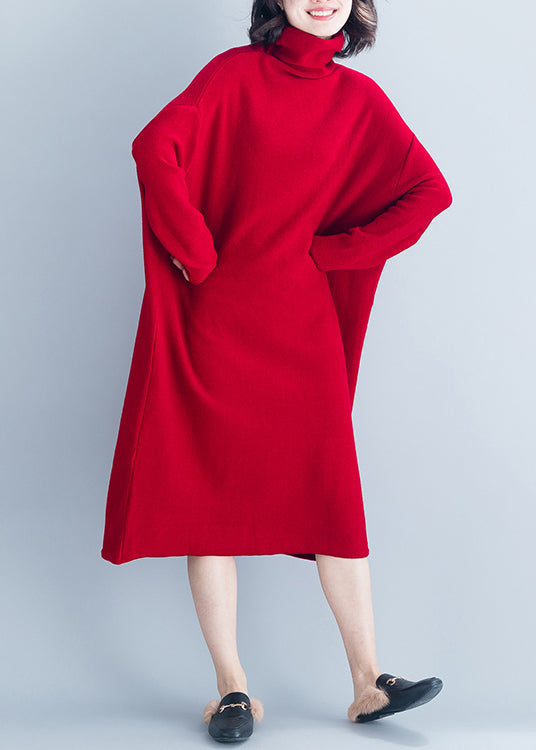 Boutique Red Hign Neck Patchwork Long Knit Dress Winter