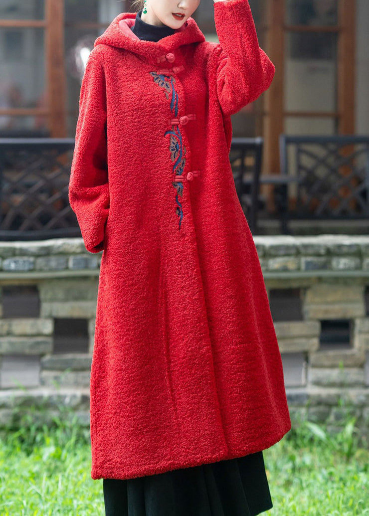 Boutique Red Hooded Embroidered Thick Teddy Faux Fur Lengthen Coats Winter