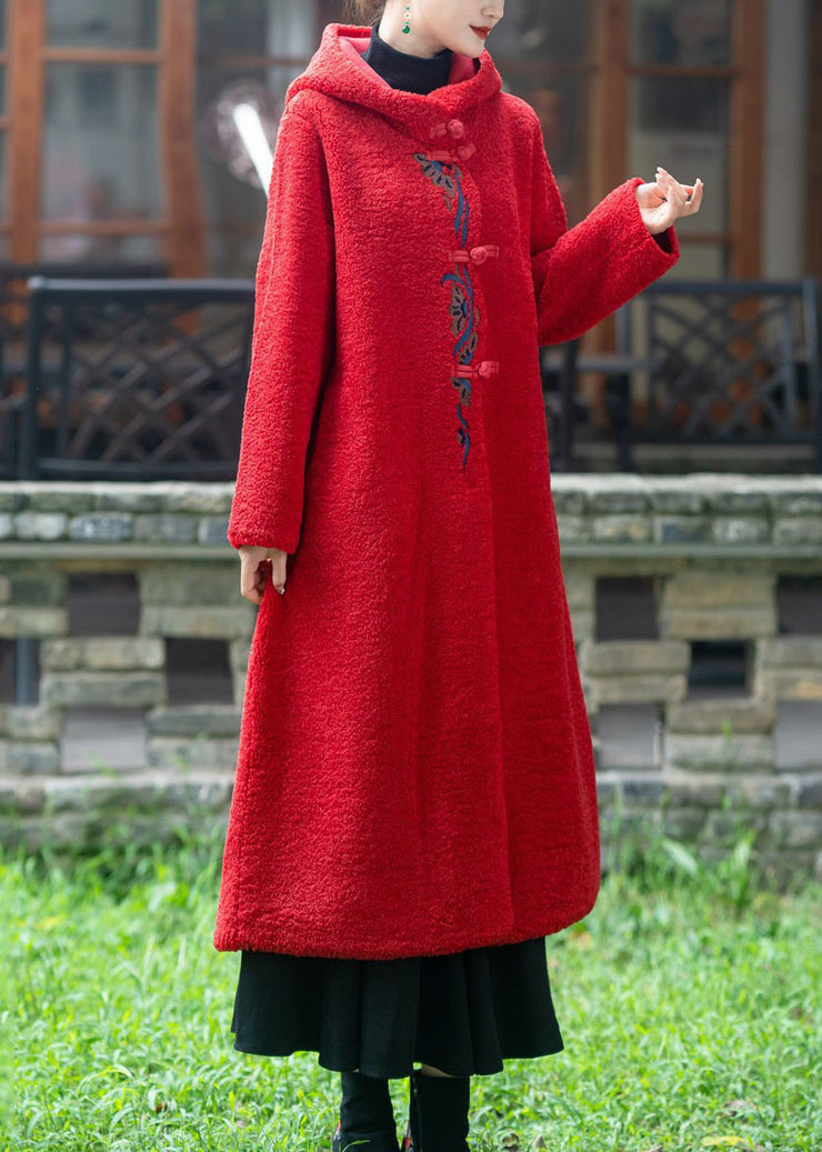 Boutique Red Hooded Embroidered Thick Teddy Faux Fur Lengthen Coats Winter