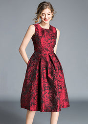 Boutique Red Jacquard Wrinkled Patchwork Silk Party Dress Sleeveless