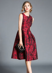 Boutique Red Jacquard Wrinkled Patchwork Silk Party Dress Sleeveless