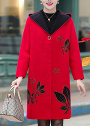 Boutique Red Jacquard Zircon Woolen Hooded Trench Spring