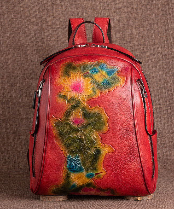 Boutique Red Lotus Paitings Calf Leather Backpack Bag