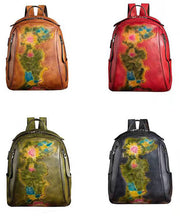 Boutique Red Lotus Paitings Calf Leather Backpack Bag