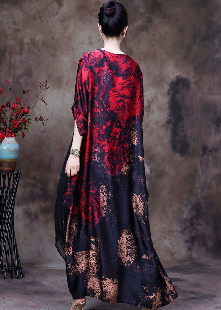 Boutique Red O-Neck Asymmetrical Design Patchwork Silk Long Dress Long Sleeve