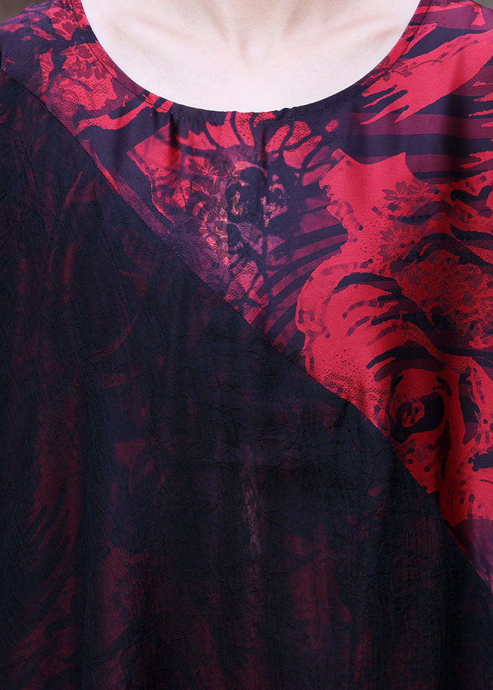 Boutique Rotes asymmetrisches Design Patchwork-Seidenkleid mit langen Ärmeln und O-Ausschnitt