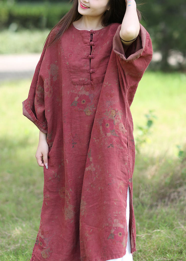 Boutique Red O-Neck Oversized Print Linen Dress Spring
