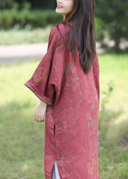 Boutique Red O-Neck Oversized Print Linen Dress Spring