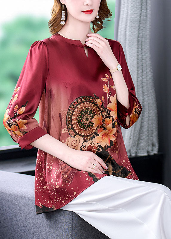 Boutique Red O-Neck Print draping Silk women&