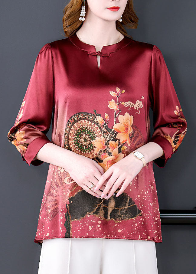 Boutique Red O-Neck Print draping Silk women&