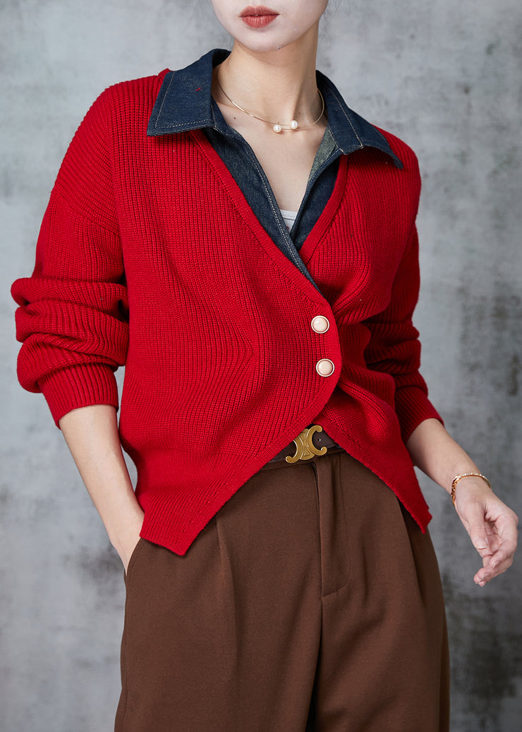 Boutique Red Peter Pan Collar Patchwork Knit Fake Two Piece Pullover Winter