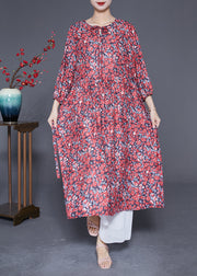 Boutique Red Print Exra Large Hem Silk Long Dress Summer