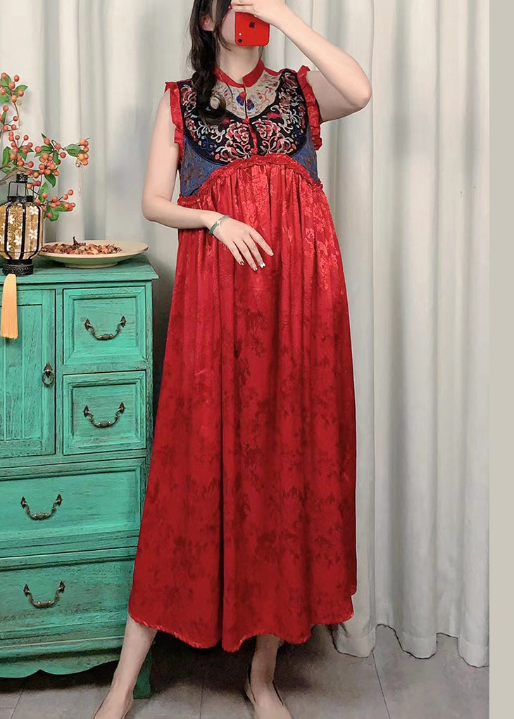 Boutique Red Ruffled Patchwork Embroidered Jacquard Dresses Sleeveless