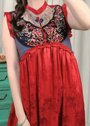 Boutique Red Ruffled Patchwork Embroidered Jacquard Dresses Sleeveless