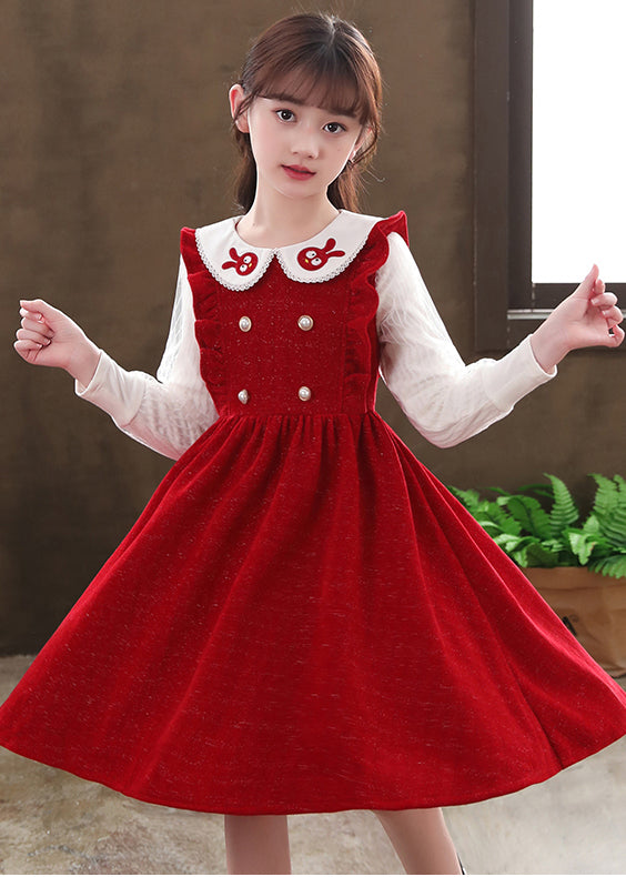 Boutique Red Ruffled Patchwork Warm Fleece Baby Girls Dresses Fall