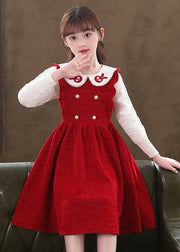 Boutique Red Ruffled Patchwork Warm Fleece Baby Girls Dresses Fall