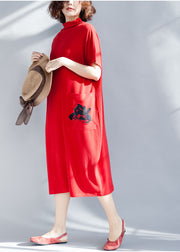 Boutique Red Solid Rollkragen-Baumwoll-Partykleid mit kurzen Ärmeln