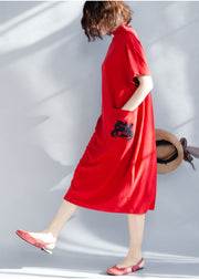 Boutique Red Solid Turtle Neck Cotton Party Dress Short Sleeve