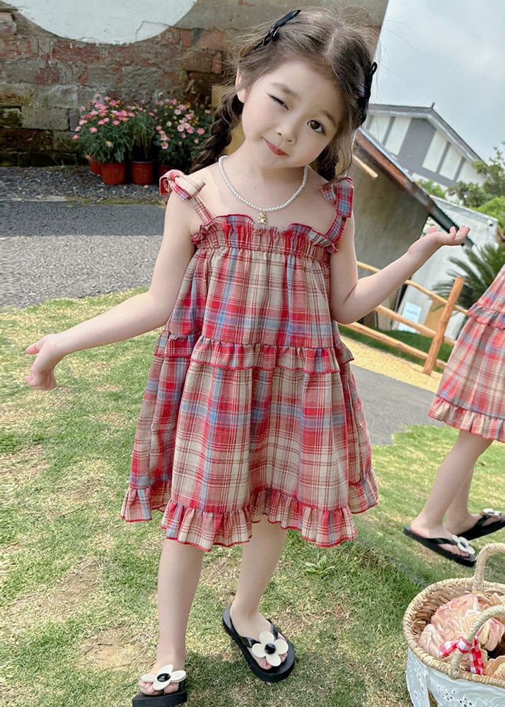 Boutique Red Square Collar Plaid Patchwork Kids Mid Dress Summer