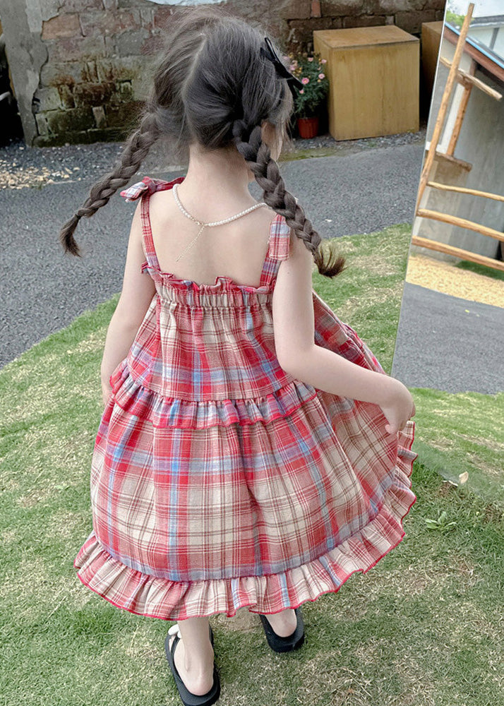 Boutique Red Square Collar Plaid Patchwork Kids Mid Dress Summer