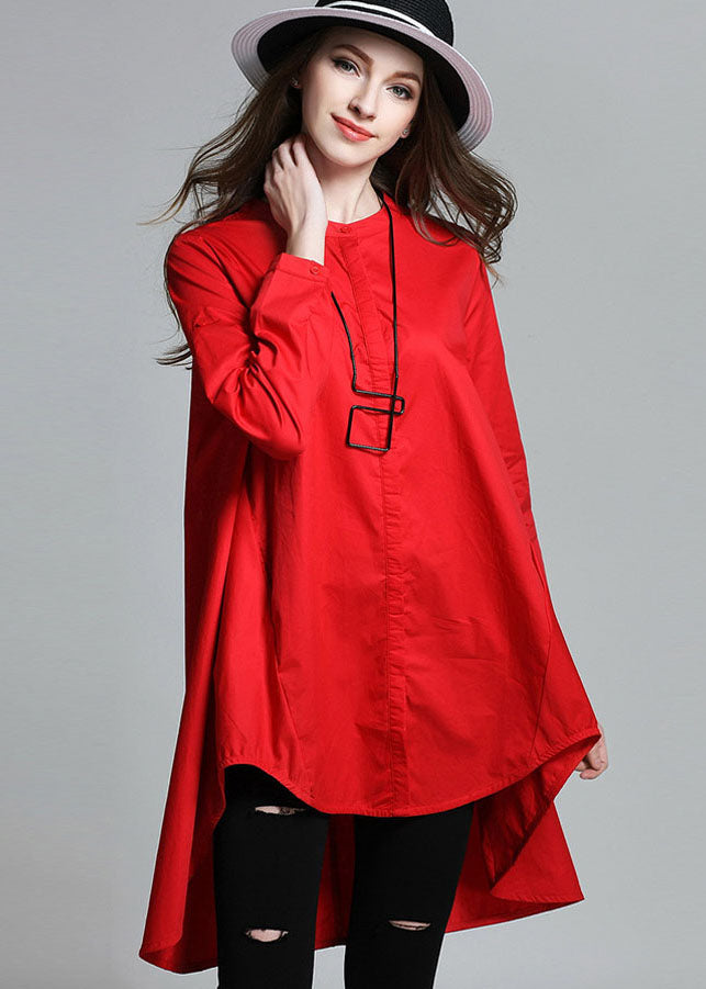 Boutique Red Stand Collar Asymmetrical Cotton Shirt Top Spring