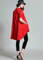 Boutique Red Stand Collar Asymmetrical Cotton Shirt Top Spring