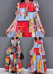 Boutique Red Stand Collar Print Patchwork Loose Long Dresses Short Sleeve