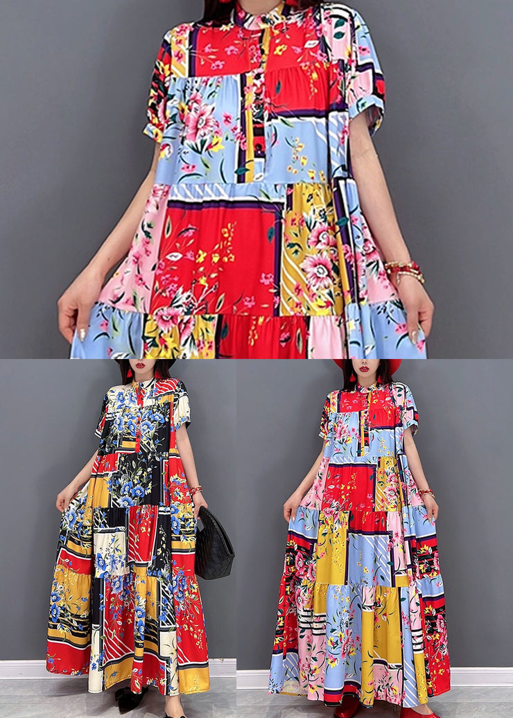 Boutique Red Stand Collar Print Patchwork Loose Long Dresses Short Sleeve