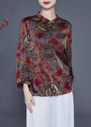 Boutique Red Stand Collar Print Silk Blouse Tops Spring
