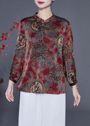 Boutique Red Stand Collar Print Silk Blouse Tops Spring