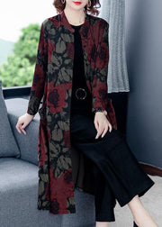 Boutique Red Stand Collar Print Silk Coat Outwear Long Sleeve