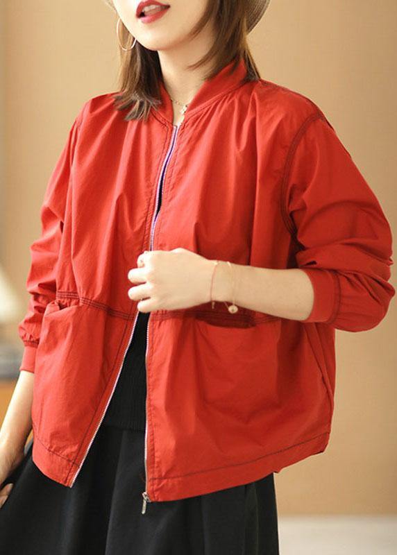 Boutique Red Stand Collar Zippered Pockets Fall Jacket Long Sleeve - SooLinen