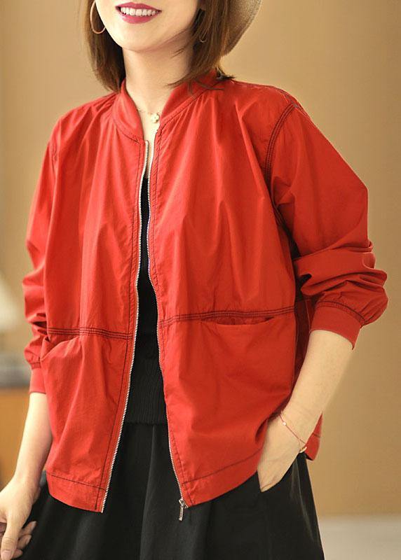 Boutique Red Stand Collar Zippered Pockets Fall Jacket Long Sleeve - SooLinen