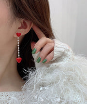 Boutique Red Sterling Silver Overgild Prarl Asymmetry Love Tassel Drop Earrings