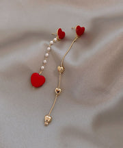 Boutique Red Sterling Silver Overgild Prarl Asymmetry Love Tassel Drop Earrings
