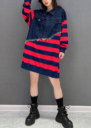 Boutique Red Striped Patchwork Denim Cotton Sweatshirts Dress Fall