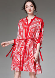 Boutique Red Tie Taille Cinched Print Herbst Chiffon Halbarm Urlaubskleider