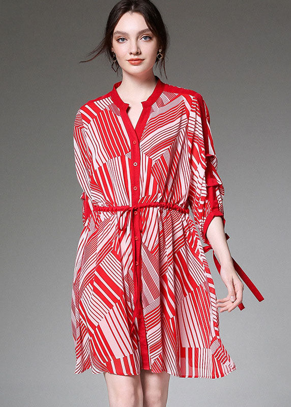 Boutique Red Tie waist Cinched Print Fall Chiffon Half Sleeve Vacation Dresses