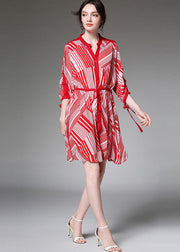 Boutique Red Tie waist Cinched Print Fall Chiffon Half Sleeve Vacation Dresses