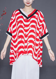 Boutique Red V Neck Oversized Striped Chiffon Tank Summer