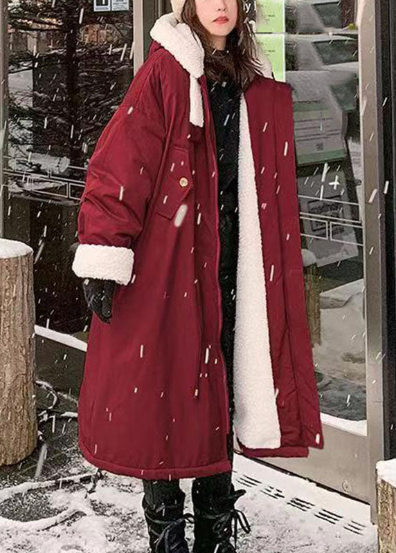 Boutique Red Zippered Pockets Fleece Wool Lined Thick Hooded Long Parka Winter