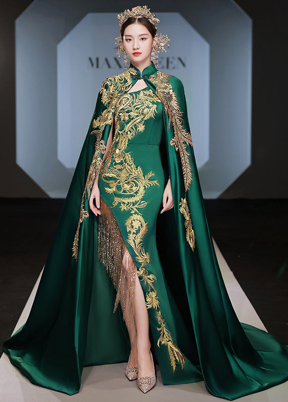 Boutique Retro Green Embroidered Tassel Cape And Dress Set