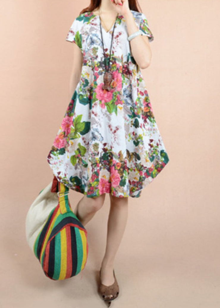 Boutique Rose V Neck Print Patchwork Linen Dresses Summer