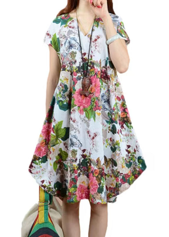 Boutique Rose V Neck Print Patchwork Linen Dresses Summer